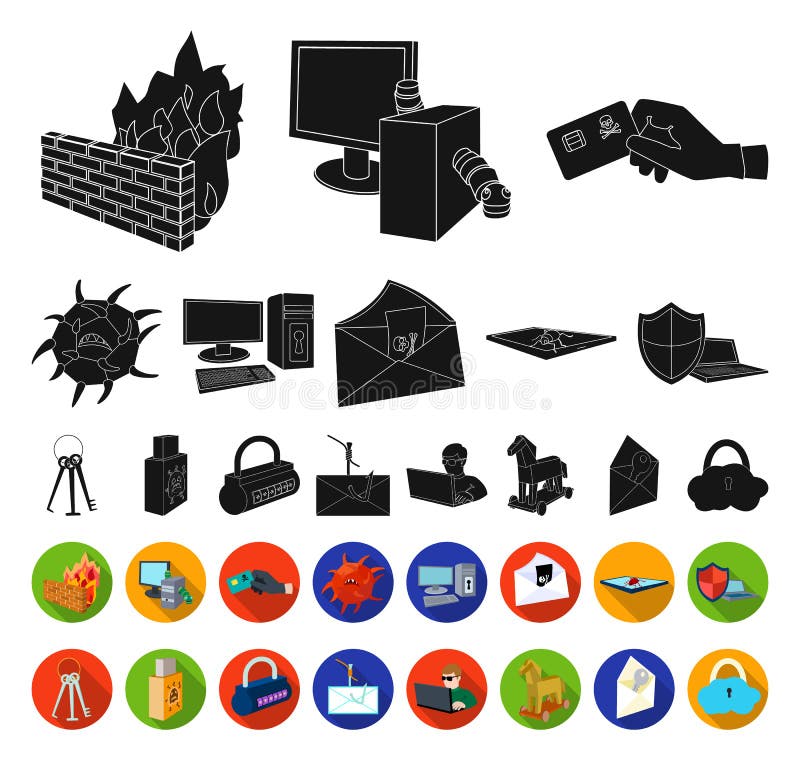 Hacker and hacking black,flat icons in set collection for design. Hacker and equipment vector symbol stock web stock illustration