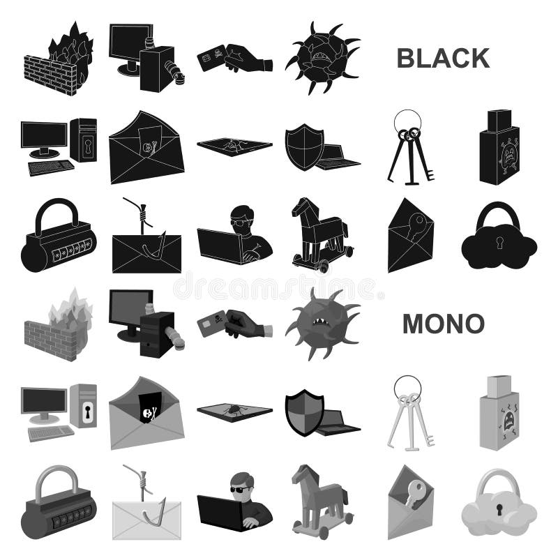 Hacker and hacking black icons in set collection for design. Hacker and equipment vector symbol stock web illustration.