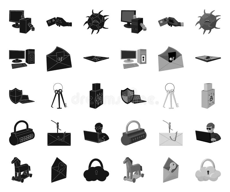 Hacker and hacking black. mono icons in set collection for design. Hacker and equipment vector symbol stock web stock illustration