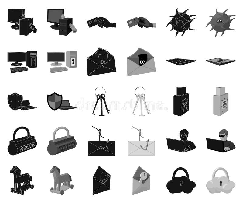 Hacker and hacking black,monochrome icons in set collection for design. Hacker and equipment vector symbol stock web vector illustration