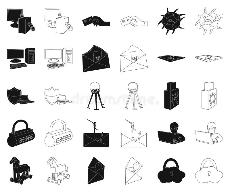 Hacker and hacking black,outline icons in set collection for design. Hacker and equipment vector symbol stock web vector illustration