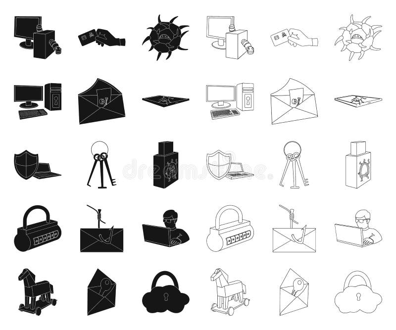 Hacker and hacking black,outline icons in set collection for design. Hacker and equipment vector symbol stock web vector illustration