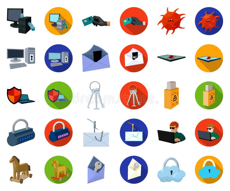 Hacker and hacking cartoon,flat icons in set collection for design. Hacker and equipment vector symbol stock web royalty free illustration