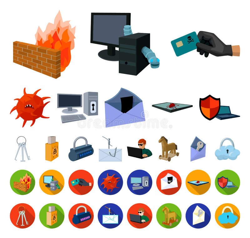 Hacker and hacking cartoon,flat icons in set collection for design. Hacker and equipment vector symbol stock web royalty free illustration