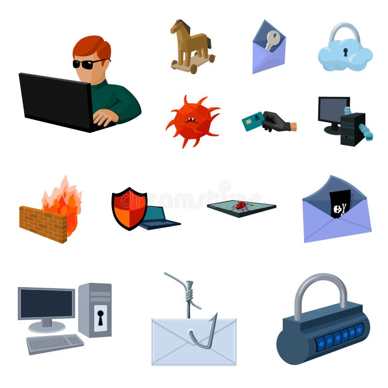 Hacker and hacking cartoon icons in set collection for design. Hacker and equipment vector symbol stock web illustration vector illustration