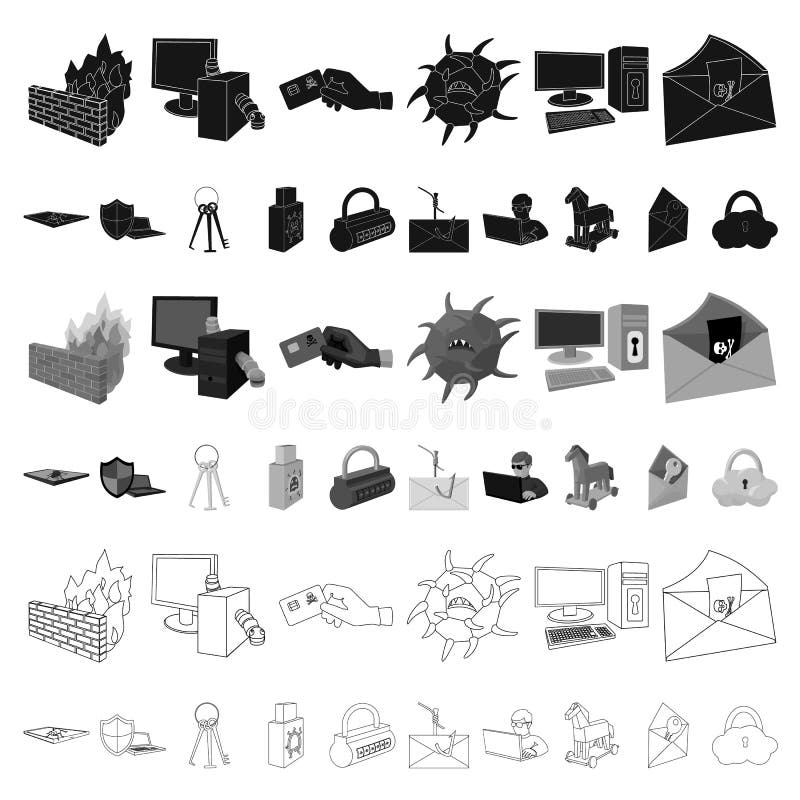Hacker And Hacking Cartoon Icons In Set Collection For Design. Hacker