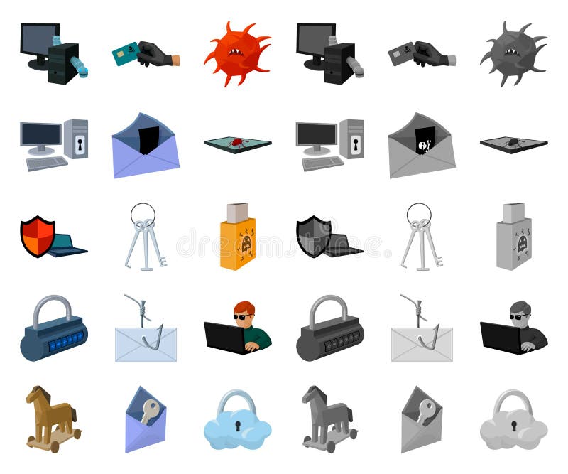 Hacker and hacking cartoon,mono icons in set collection for design. Hacker and equipment vector symbol stock web vector illustration