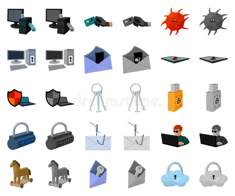 Hacker and hacking cartoon,monochrom icons in set collection for design. Hacker and equipment vector symbol stock web royalty free illustration