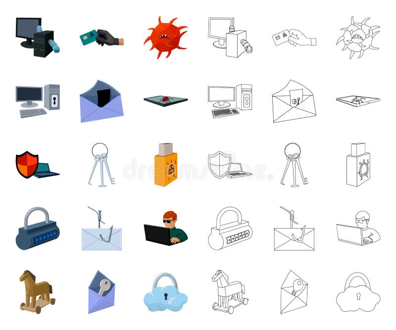 Hacker and hacking cartoon,outline icons in set collection for design. Hacker and equipment vector symbol stock web stock illustration