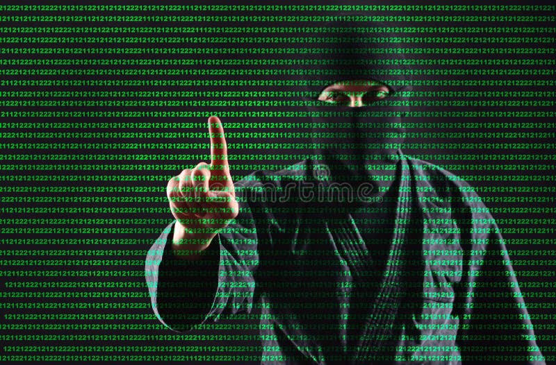 Hacker. Hacking computer data process. Man in the mask works with a digital security code. stock illustration