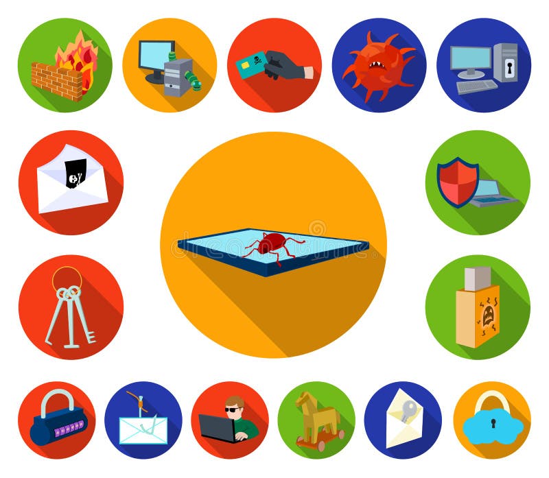 Hacker and hacking flat icons in set collection for design. Hacker and equipment vector symbol stock web illustration. royalty free illustration