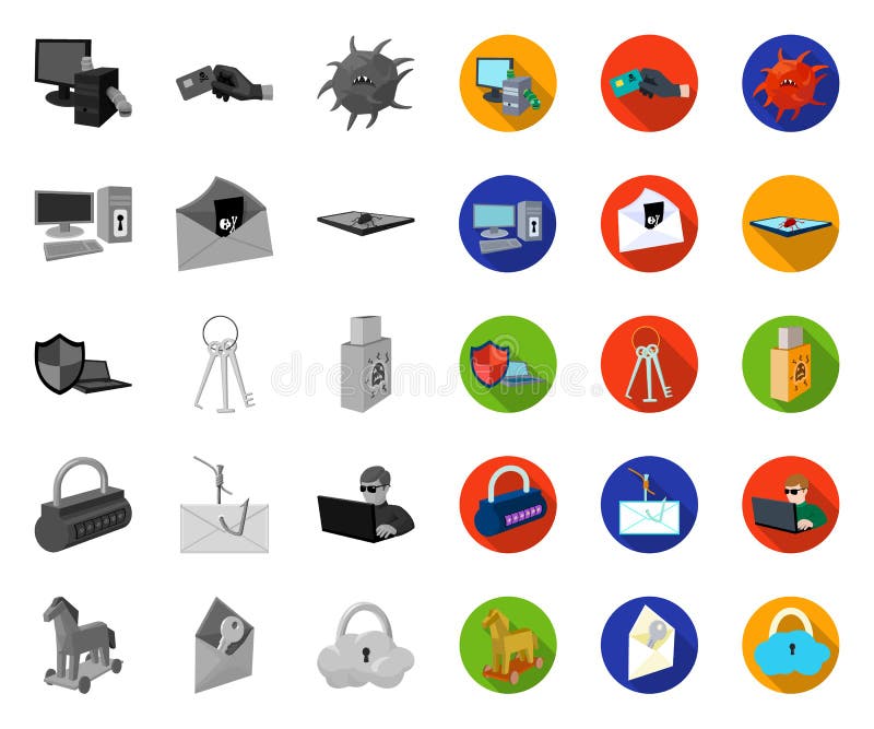 Hacker and hacking mono,flat icons in set collection for design. Hacker and equipment vector symbol stock web royalty free illustration