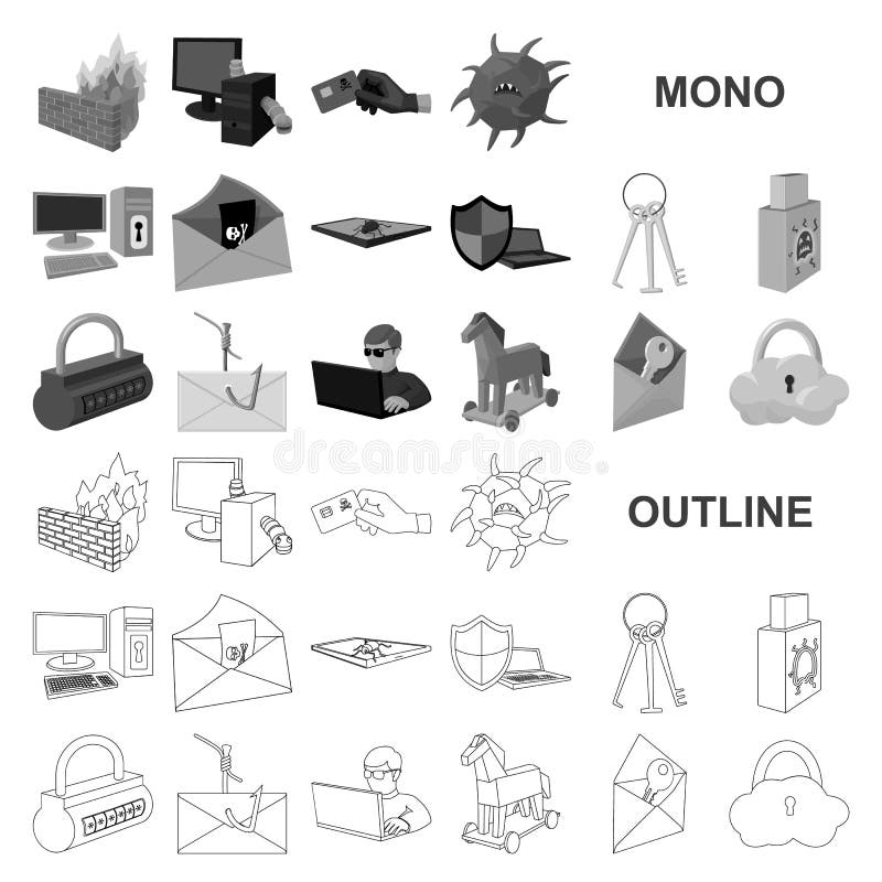 Hacker and hacking monochrom icons in set collection for design. Hacker and equipment vector symbol stock web vector illustration