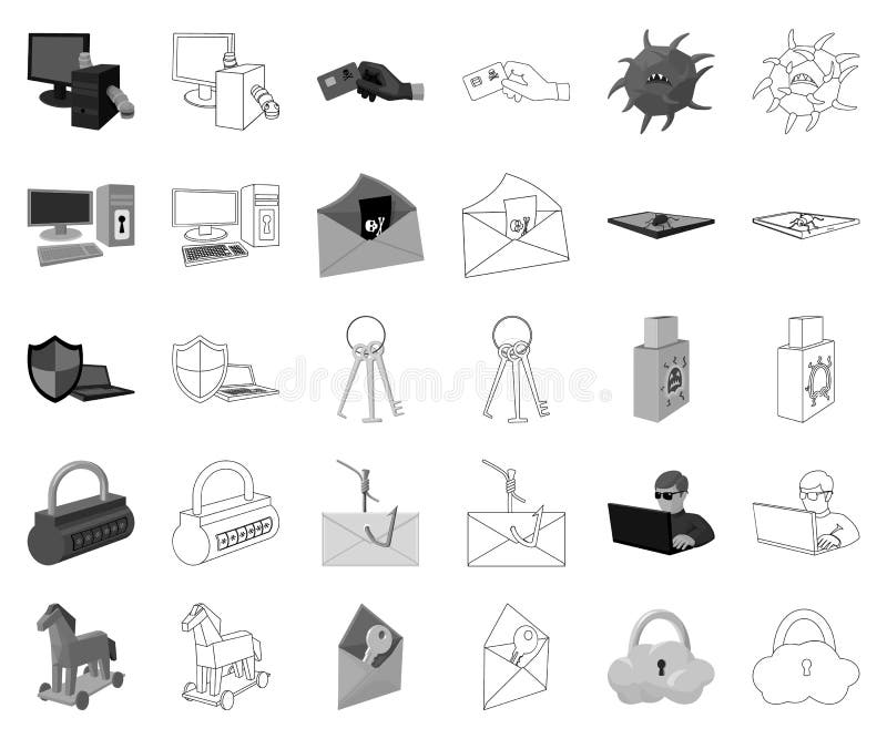 Hacker and hacking monochrome,outline icons in set collection for design. Hacker and equipment vector symbol stock web vector illustration