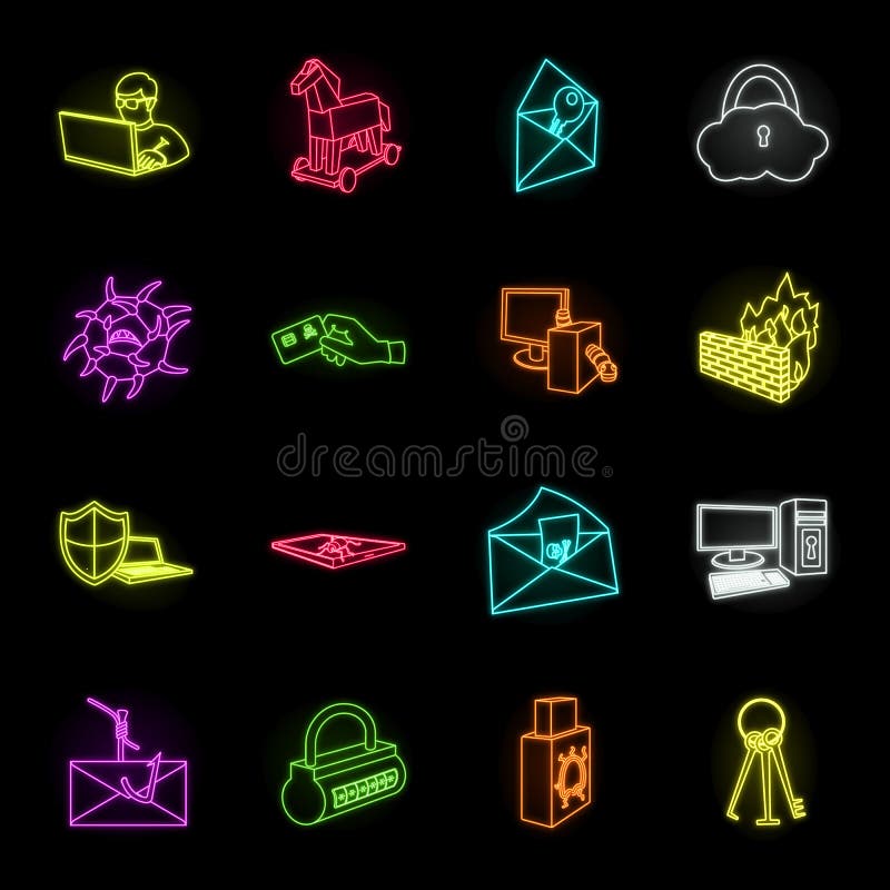 Hacker and hacking neon icons in set collection for design. Hacker and equipment vector symbol stock web illustration. vector illustration