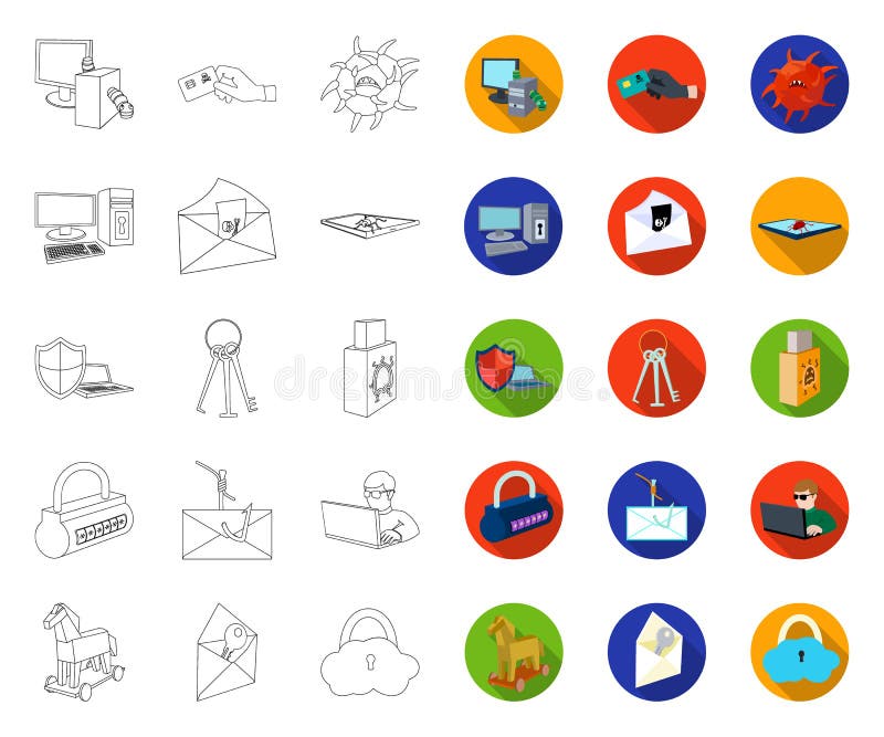 Hacker and hacking outline,flat icons in set collection for design. Hacker and equipment vector symbol stock web stock illustration