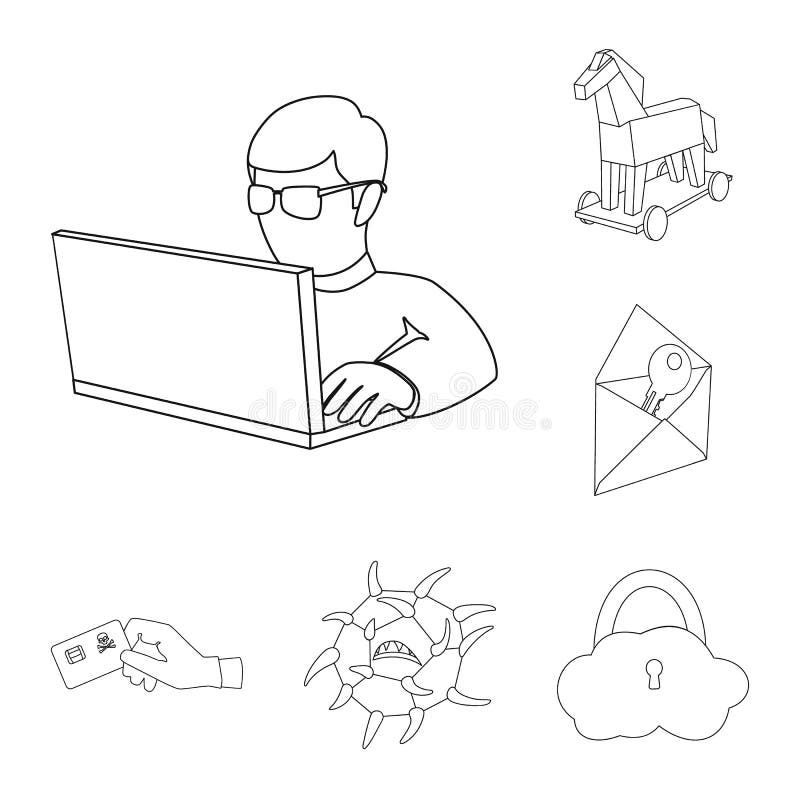 Hacker and hacking outline icons in set collection for design. Hacker and equipment vector symbol stock web illustration vector illustration