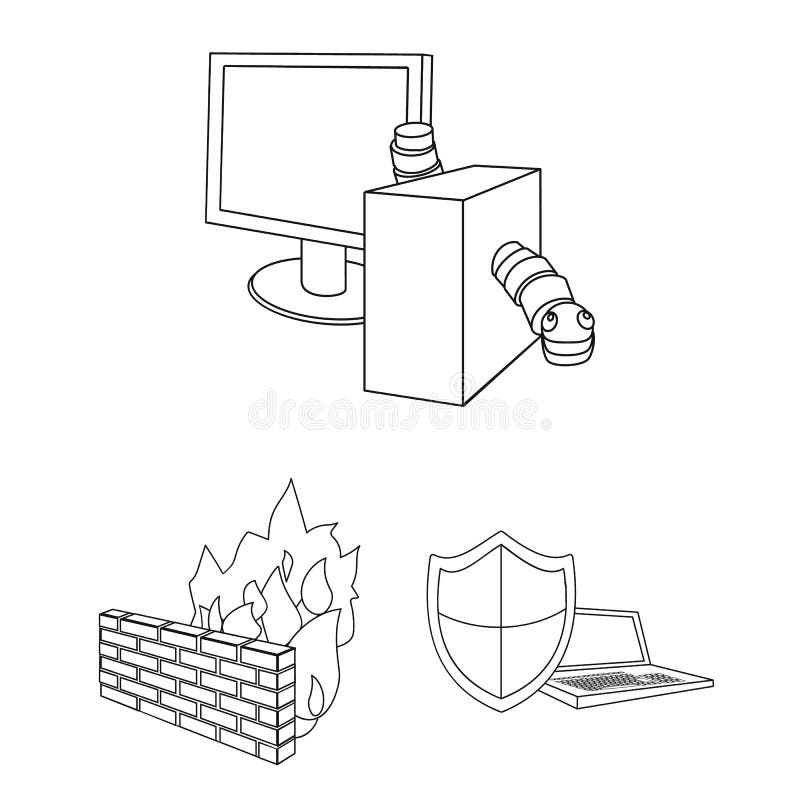 Hacker and hacking outline icons in set collection for design. Hacker and equipment vector symbol stock web illustration stock illustration