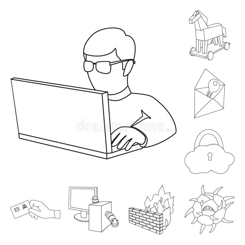 Hacker and hacking outline icons in set collection for design. Hacker and equipment vector symbol stock web illustration vector illustration