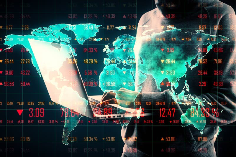 Hacker hand using laptop with glowing digital blue map on background. Global connection network and interface concept stock photography