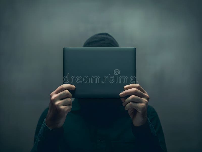 Hacker Handling Sensitive Data Transfer to Secure Cloud Platform Concealing Identity with Computer Encryption Icon vector illustration
