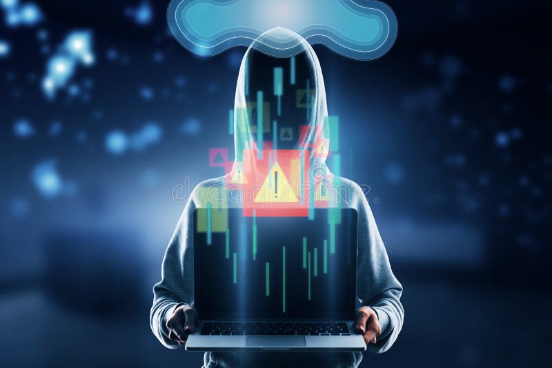 Hacker holding laptop with abstract cloud computing error hologram on blurry blue bokeh office interior background. Danger stock photos