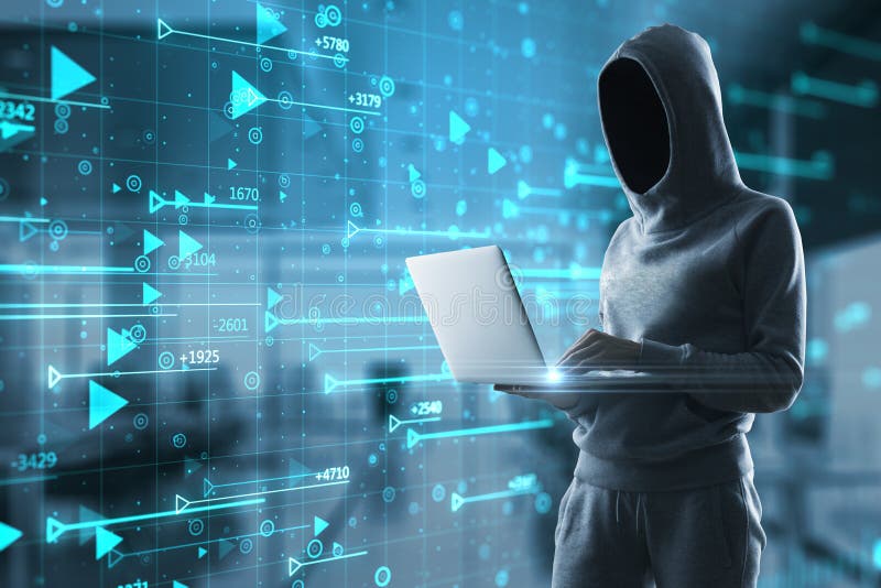 Hacker holding laptop stock photography