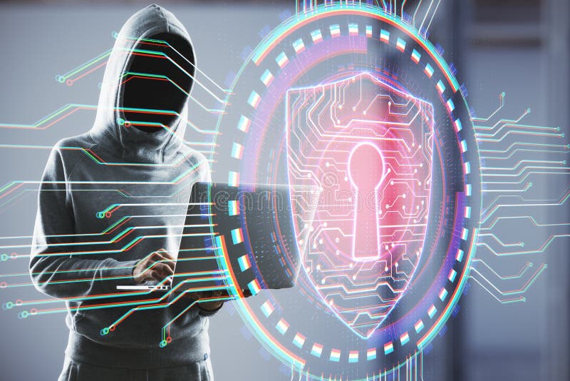 Hacker holding laptop with antivirus shield hologram stock photos