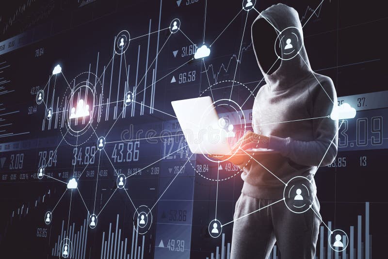 Hacker holding laptop with glowing human resource interface royalty free stock image