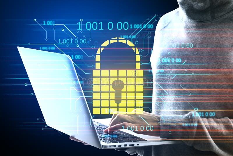 Hacker holding laptop with glowing padlock hologram stock photography