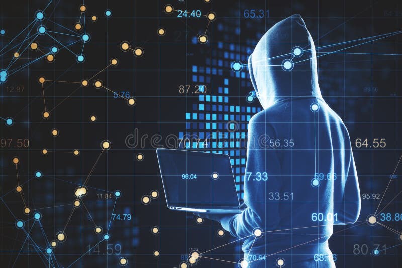 Hacker holding laptop and scatter charts stock photo