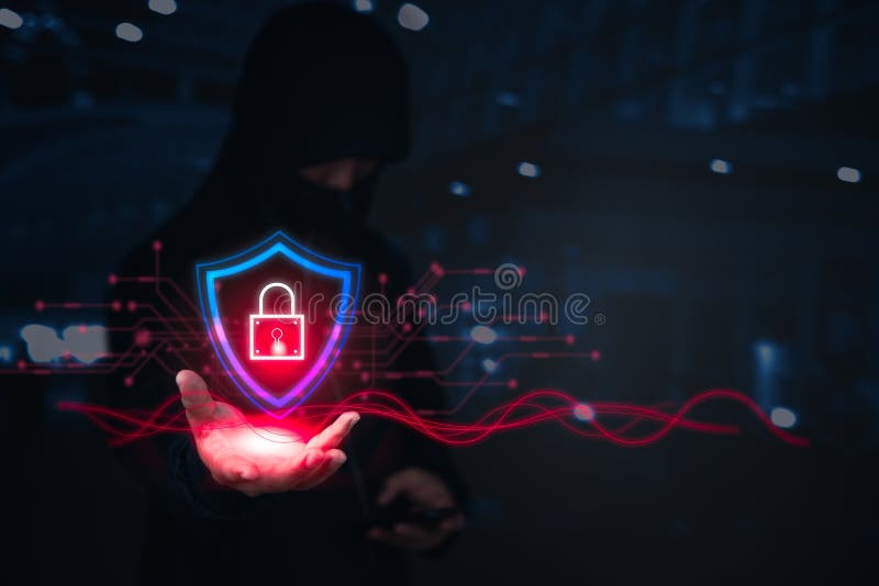 A hacker holds a glowing shield with a digital lock, representing cyber protection or breach royalty free stock photography