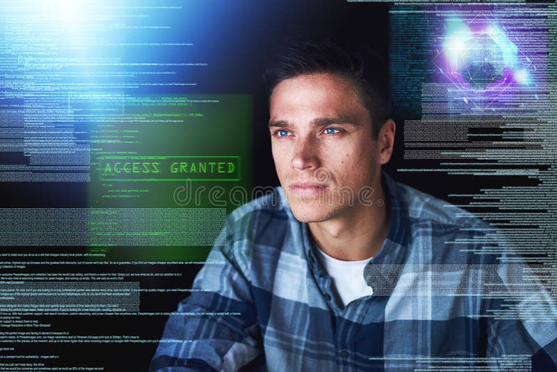 Hacker, hologram and man with focus, database and digital software with cyber security, coding and research. Male person stock photography