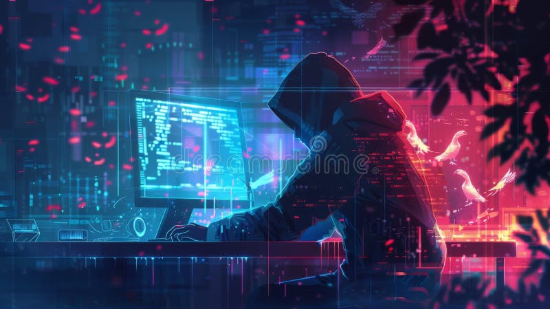Hacker in a hood operating on a computer with a cyberpunk theme, highlighting encryption, cyber attack, and cyber stock photo