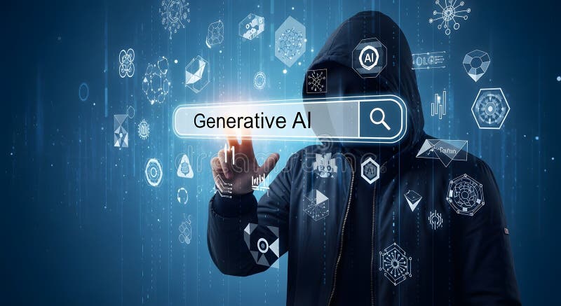 Hacker in Hood Using Generative AI Search Interface, Futuristic Design royalty free illustration