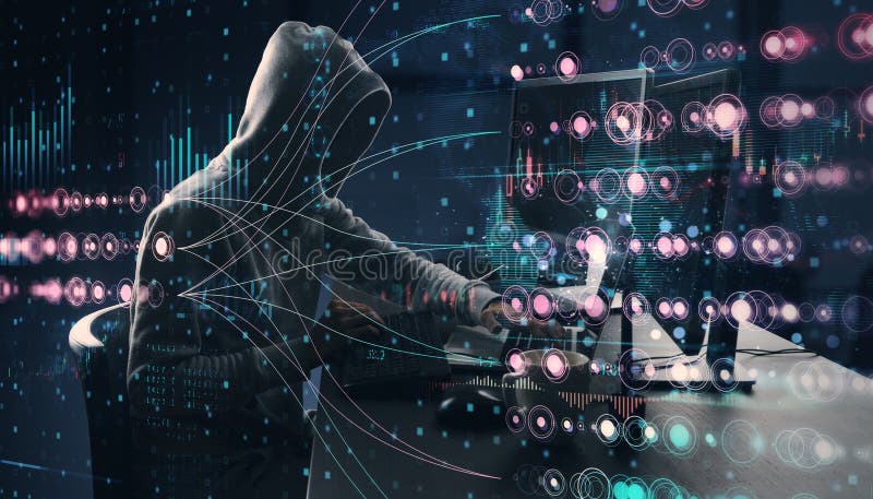Hacker in hoodie with digital data interface on dark background vector illustration