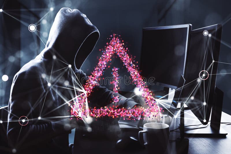 Hacker in a hoodie with a glowing red warning symbol on a digital background. 3D Rendering royalty free illustration