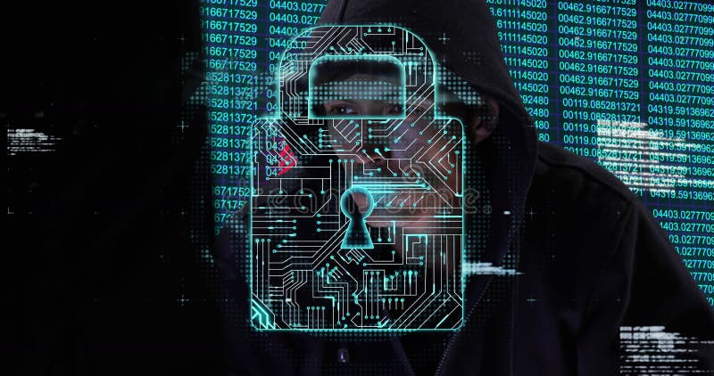Hacker in hoodie surrounded by digital lock and binary code, focused on screen royalty free stock photo