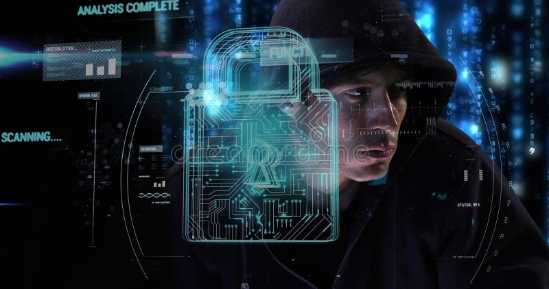 Hacker in hoodie surrounded by digital lock interface, focused on computer screen royalty free stock photography