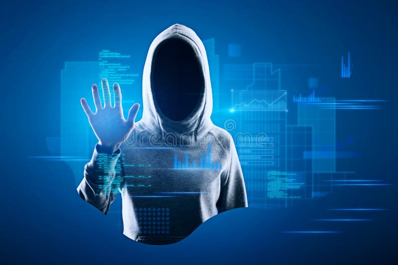 Hacker in hoodie using abstract blue coding and tech information hologram interface. Database, hacking, cloud computing and stock image