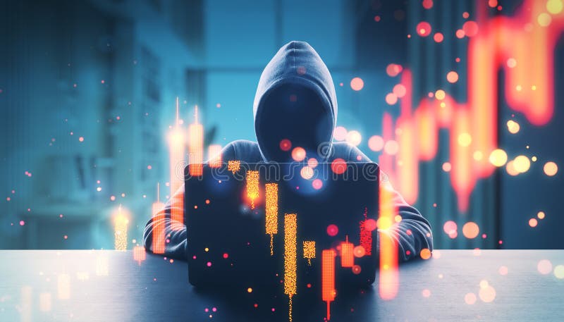 Hacker in hoodie using laptop at desk with glowing blurry candlestick forex chart on blurry background. Financial trends, hacking stock photography