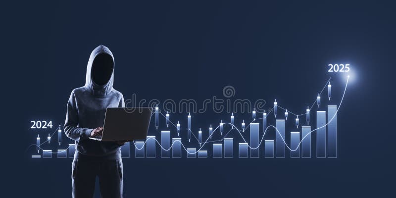 Hacker in hoodie using laptop with growing business graph on background. Financial hacking, malware and theft concept royalty free stock photography