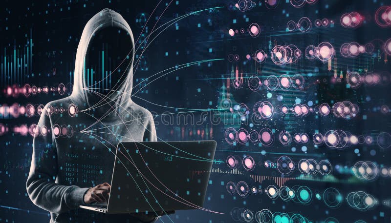 Hacker in a hoodie using a laptop, surrounded by digital abstract data visualizations and cyber elements in a dark futuristic vector illustration