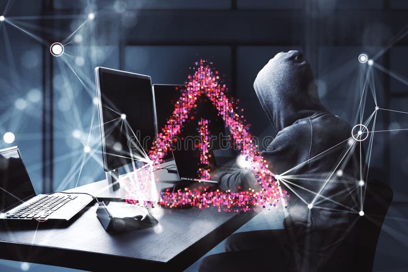Hacker in hoodie working at desk with glowing warning triangle symbol. 3D Rendering vector illustration