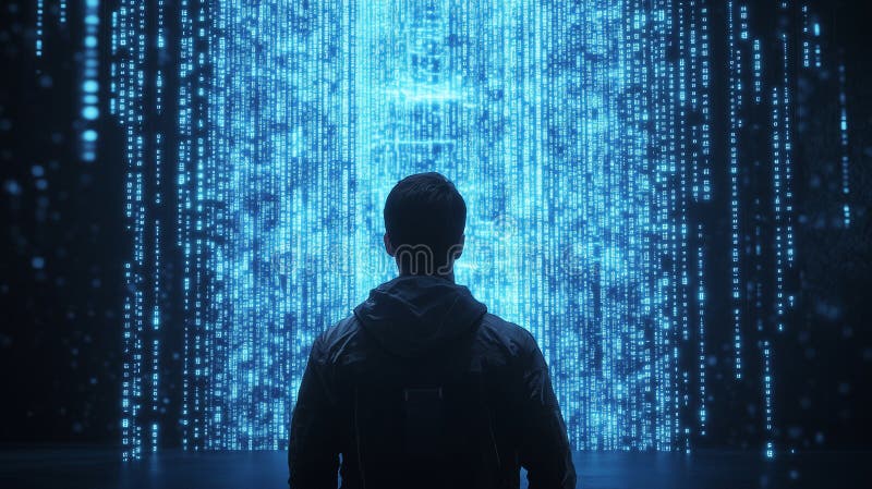 Hacker i ett mörkt rum som är vänt mot en krypterad vägg. krypteringselement för abstrakt konceptgrafisk datateknik. från generati stock illustrationer