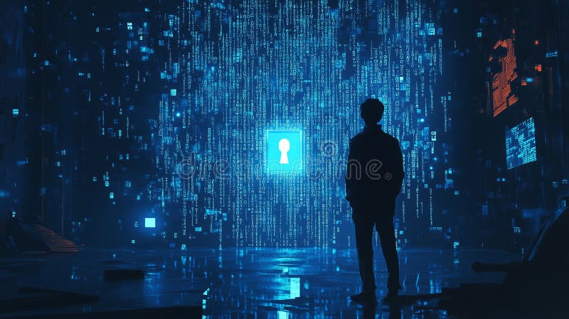 Hacker i ett mörkt rum som är vänt mot en krypterad vägg. krypteringselement för abstrakt konceptgrafisk datateknik. från generati vektor illustrationer