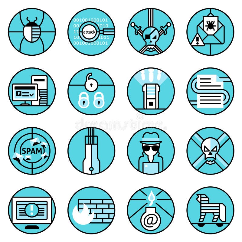 Hacker icons set blue line