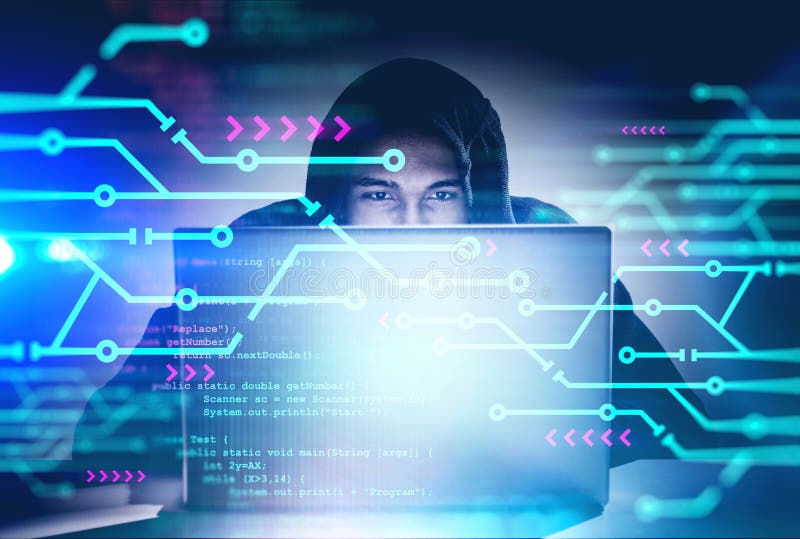 Hacker with Laptop, Circuits and Code Stock Photo - Image of cyber ...