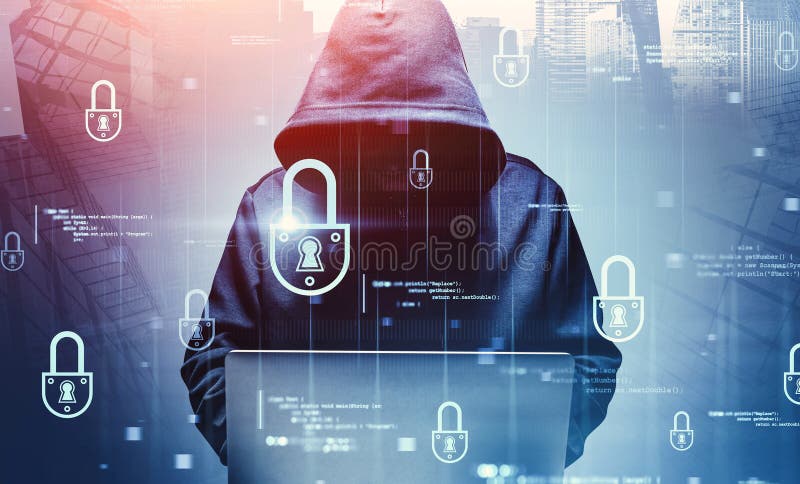 Hacker with laptop in city, cyber security royalty free stock image