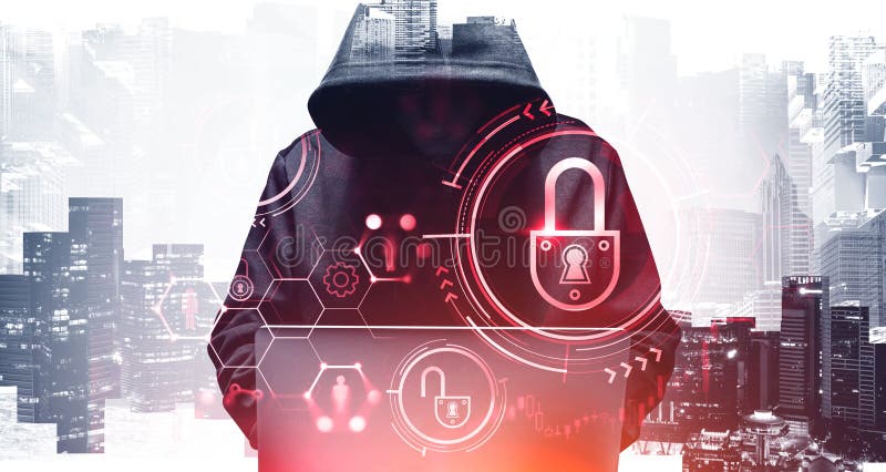 Hacker with laptop in city, security stock images